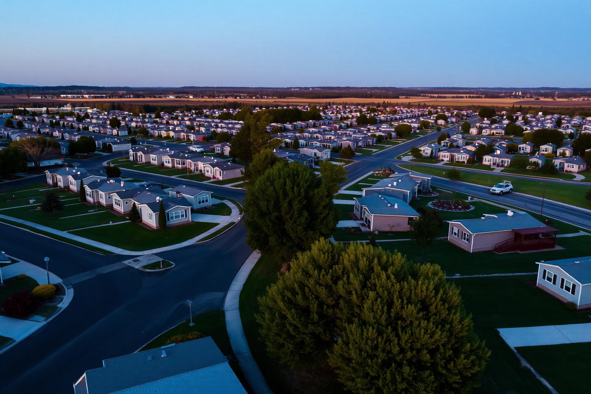 Aerial view of a manufactured home community at twilight